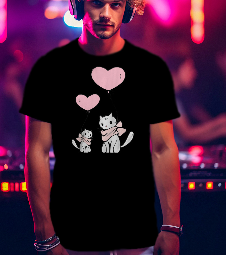 CUTE CATS Wearing Scarves Holding Pink Heart Balloons T-Shirt