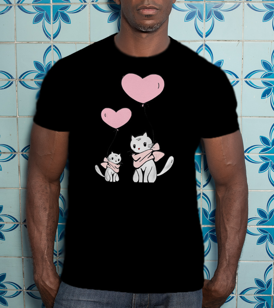 CUTE CATS Wearing Scarves Holding Pink Heart Balloons T-Shirt