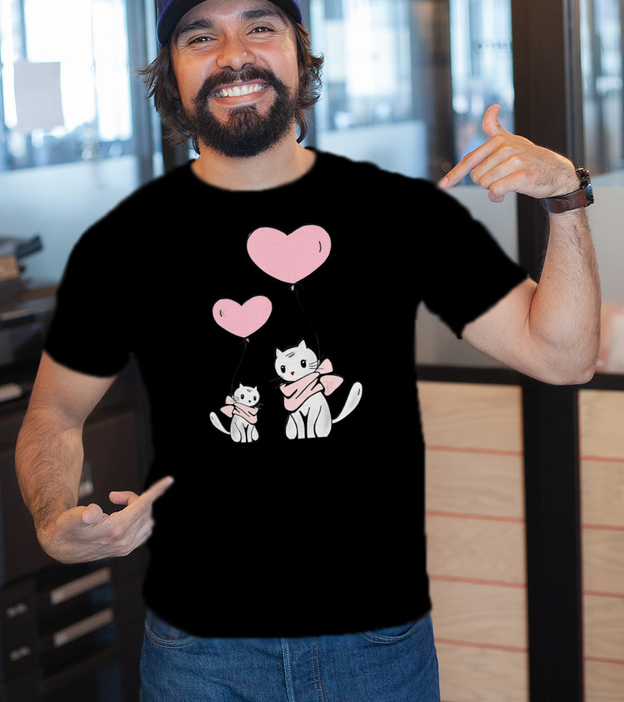 CUTE CATS Wearing Scarves Holding Pink Heart Balloons T-Shirt