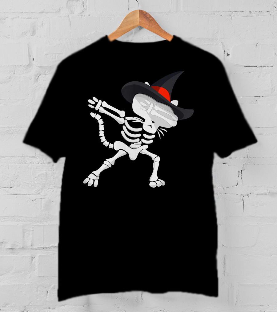 Dabbing Cat Skeleton With Witch Hat T-Shirt