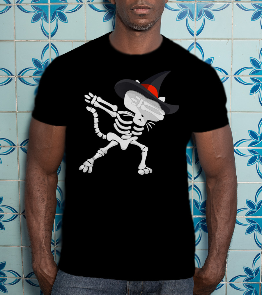 Dabbing Cat Skeleton With Witch Hat T-Shirt