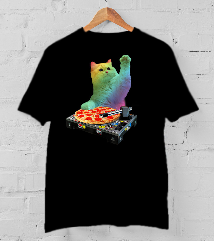 DJ Cat EDM Pizza Turntable Colorful Kitty Music Fun T-Shirt