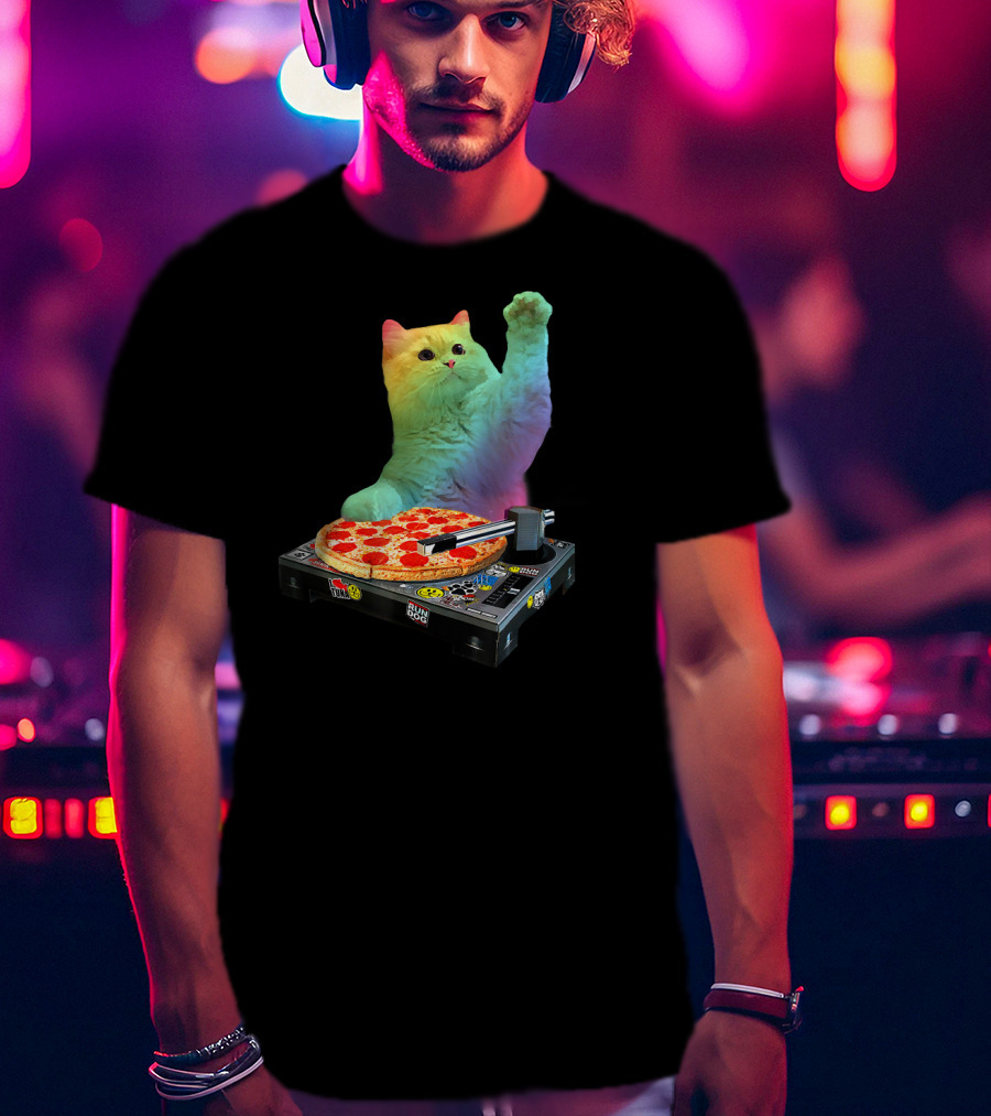DJ Cat EDM Pizza Turntable Colorful Kitty Music Fun T-Shirt