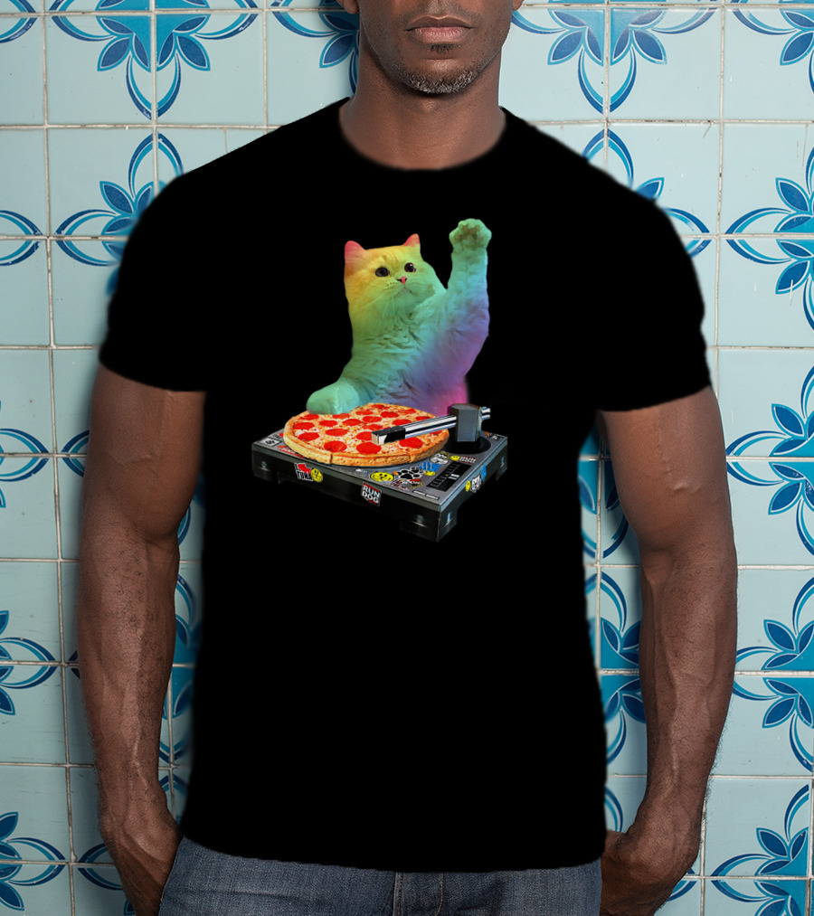 DJ Cat EDM Pizza Turntable Colorful Kitty Music Fun T-Shirt