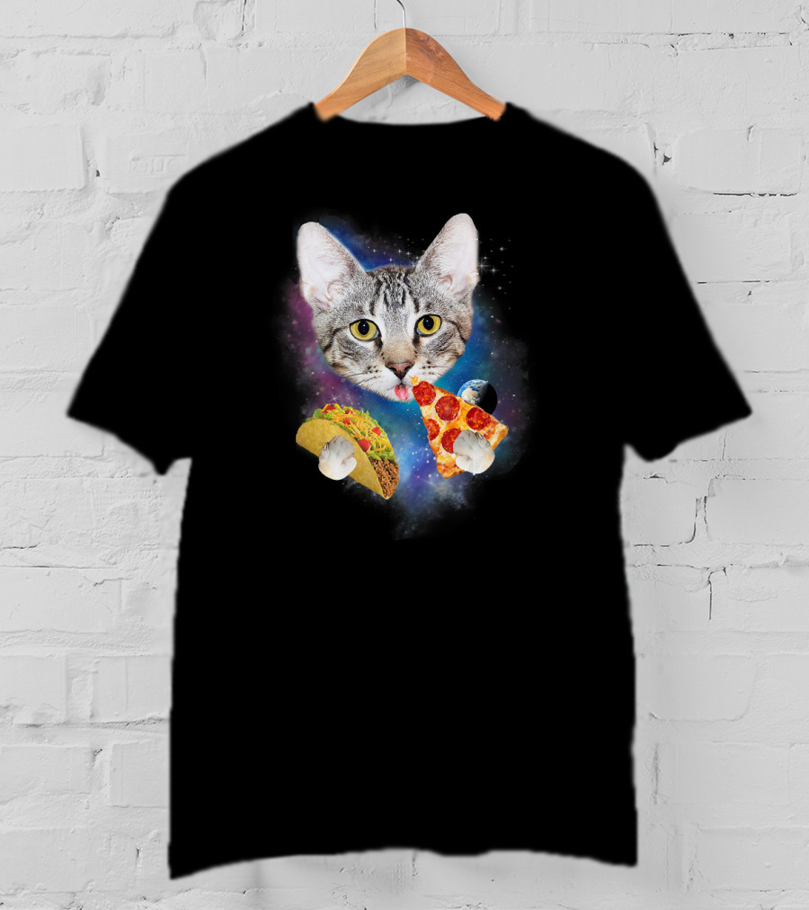 Funny Space Cat Eating Pizza And Taco In Galaxy T-Shirt