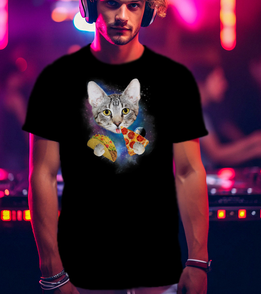 Funny Space Cat Eating Pizza And Taco In Galaxy T-Shirt