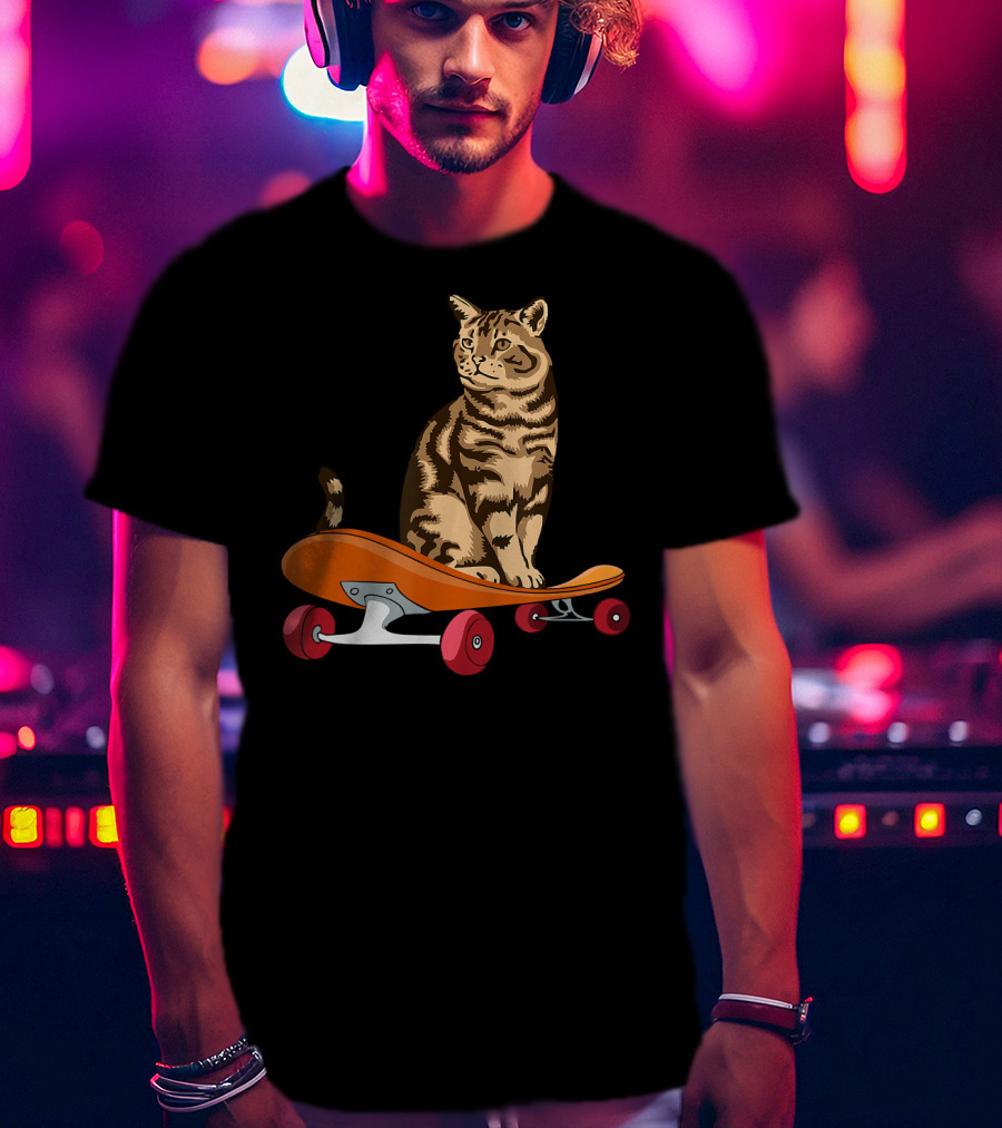 Funny Cat Skateboarding Animal Lover T-Shirt