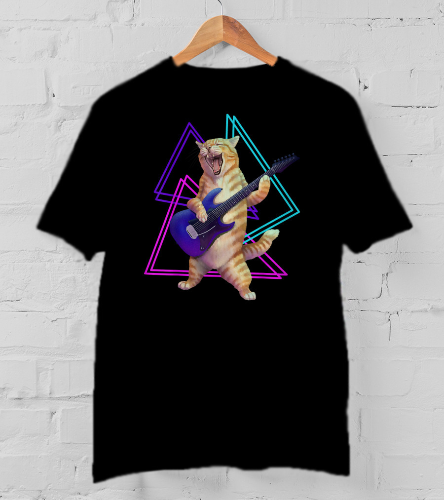 Guitar Cat Rock Kitty On Electric Guitar Neon Triangles T-Shirt