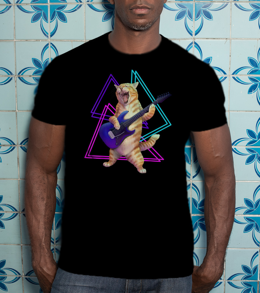 Guitar Cat Rock Kitty On Electric Guitar Neon Triangles T-Shirt