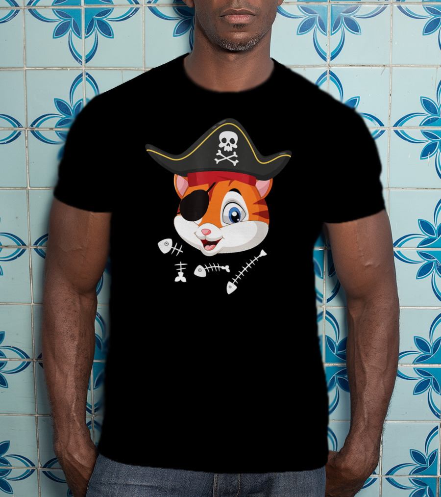 Halloween Pirate Cat With Eyepatch And Fish Bones T-Shirt
