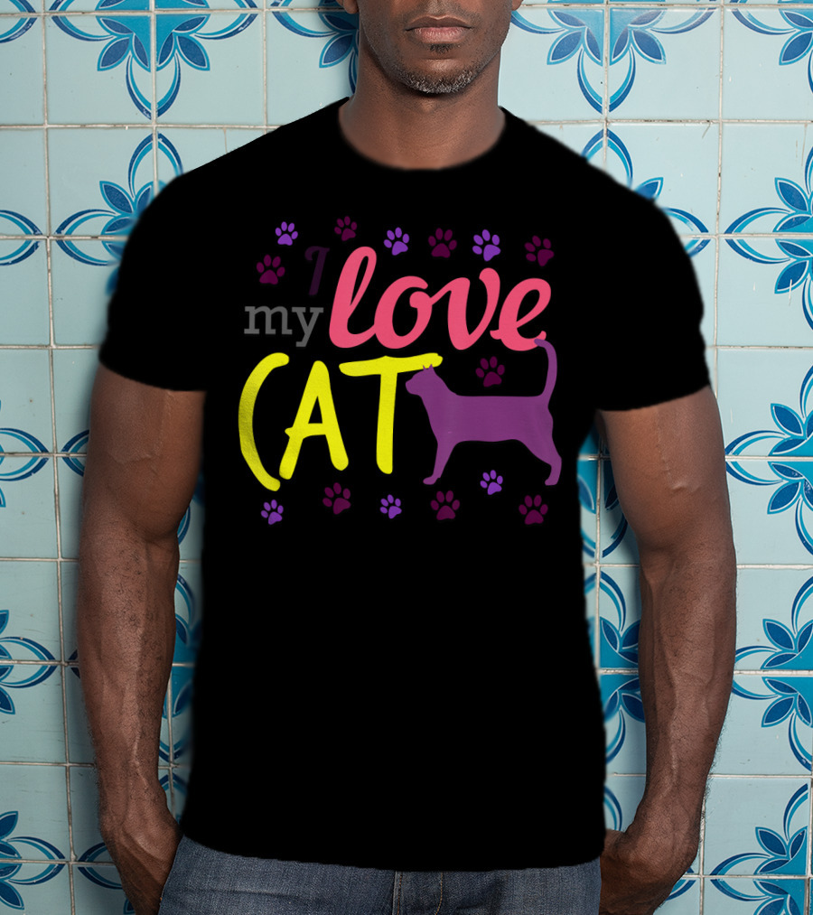 I Love My Cat Feline Owner Cute Pet Purple Paw Prints T-Shirt