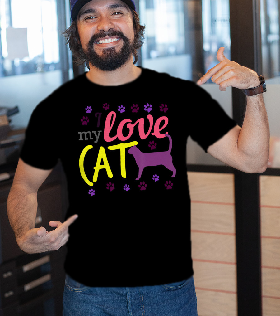 I Love My Cat Feline Owner Cute Pet Purple Paw Prints T-Shirt