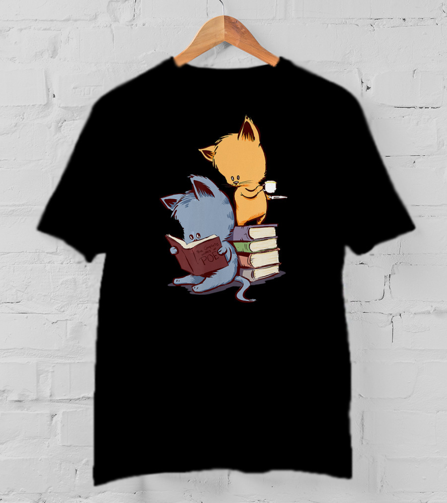 Kittens Reading Edgar Allan Poe With Tea And Books T-Shirt