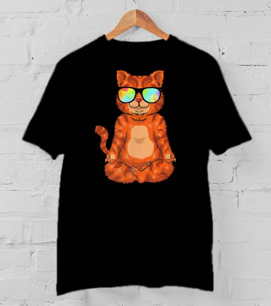 Meditating Cat In Colorful Sunglasses Yoga Pose Cute Drawing T-Shirt