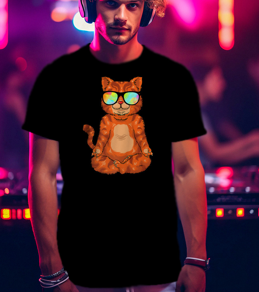 Meditating Cat In Colorful Sunglasses Yoga Pose Cute Drawing T-Shirt