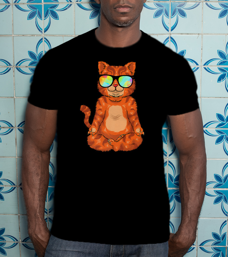 Meditating Cat In Colorful Sunglasses Yoga Pose Cute Drawing T-Shirt