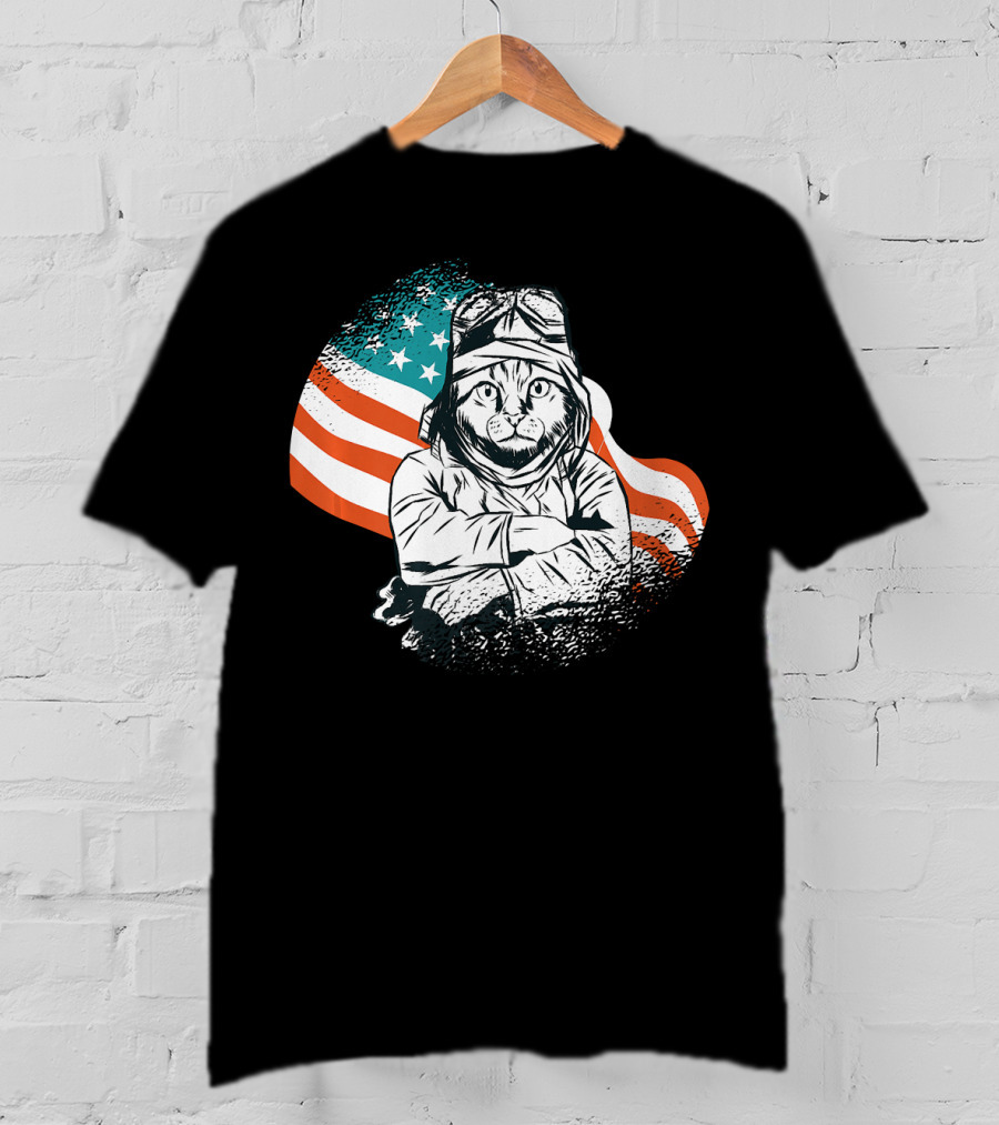Patriotic Cat Aviator With American Flag For Cat Lovers T-Shirt