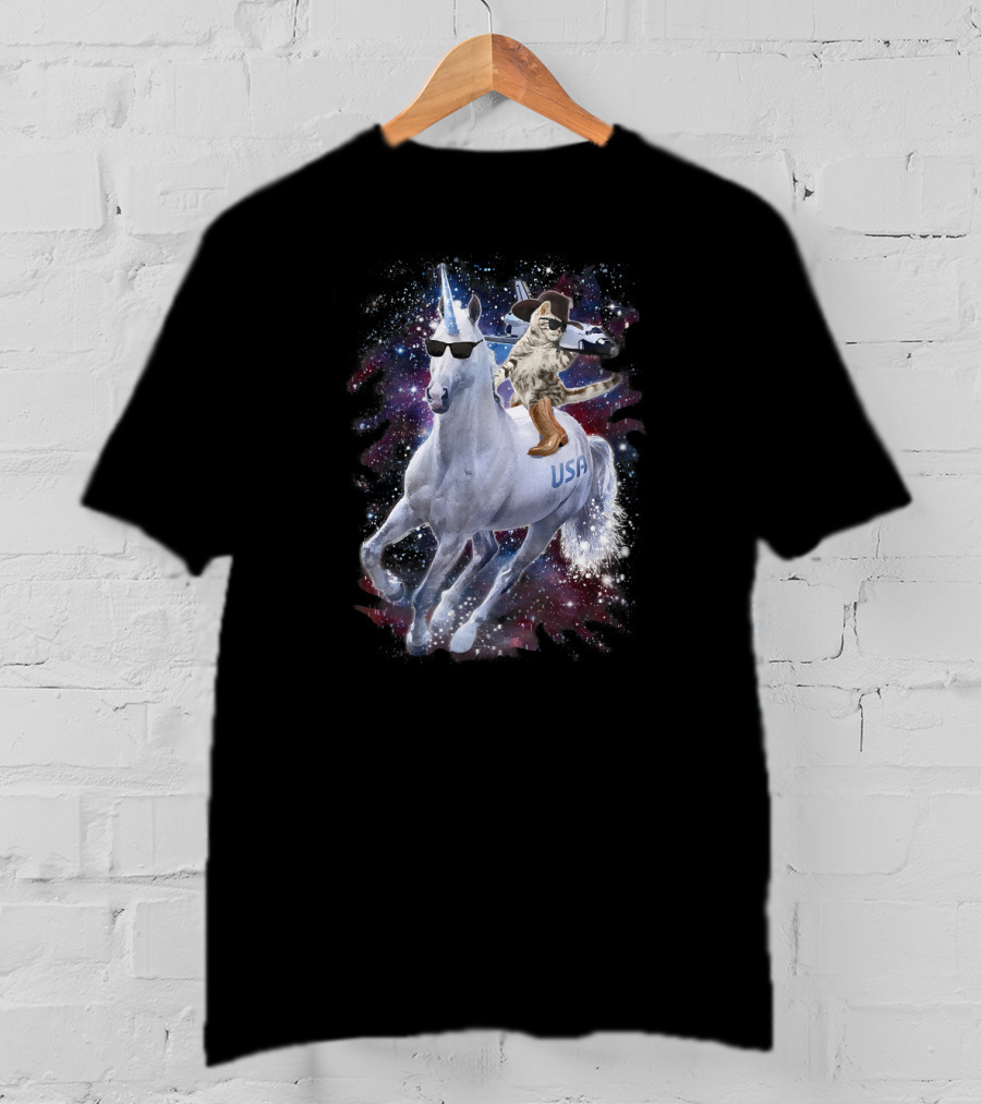 USA Space Cowboy Cat Riding Sunglasses Unicorn In Galaxy T-Shirt