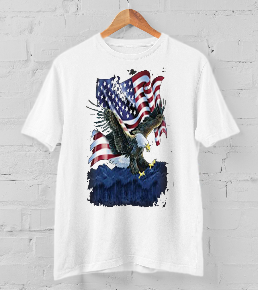 Bald Eagle Over Mountains With American Flag Background T-Shirt