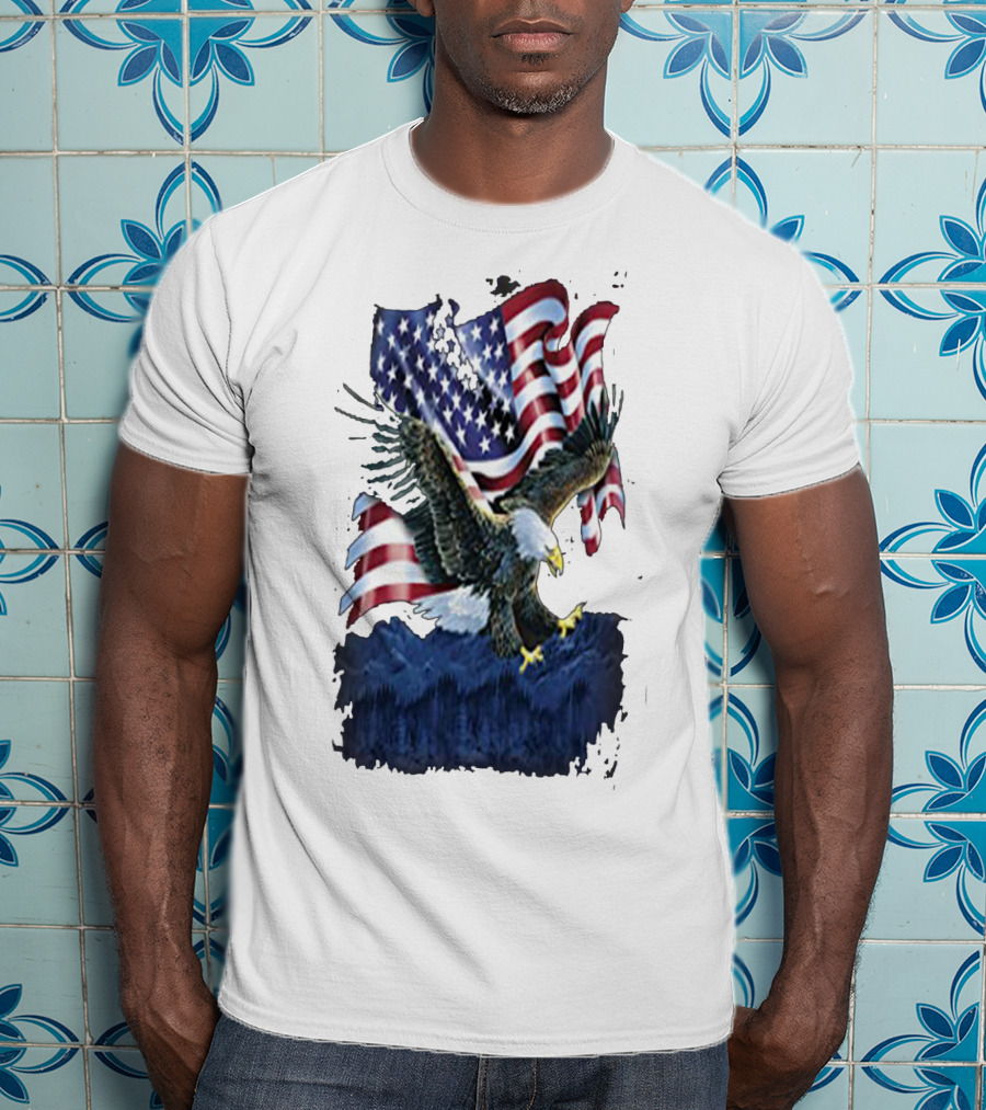Bald Eagle Over Mountains With American Flag Background T-Shirt