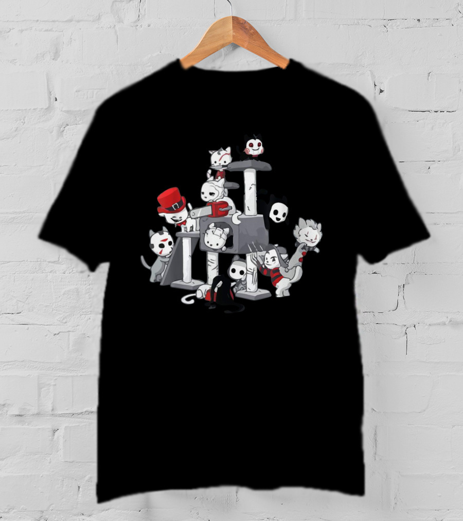Cat Horror Movie Characters On Scratching Post With Masks And Costumes T-Shirt