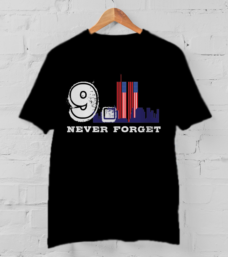 9 Never Forget Twin Towers Skyline American Flag T-Shirt