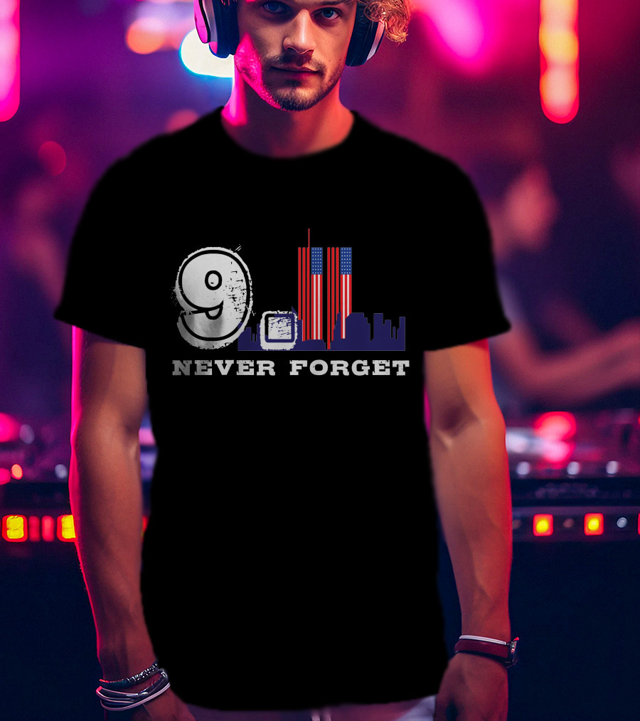 9 Never Forget Twin Towers Skyline American Flag T-Shirt