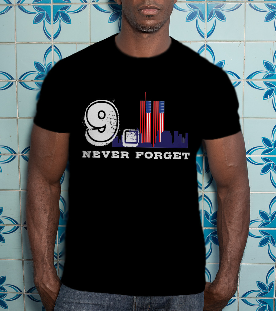 9 Never Forget Twin Towers Skyline American Flag T-Shirt