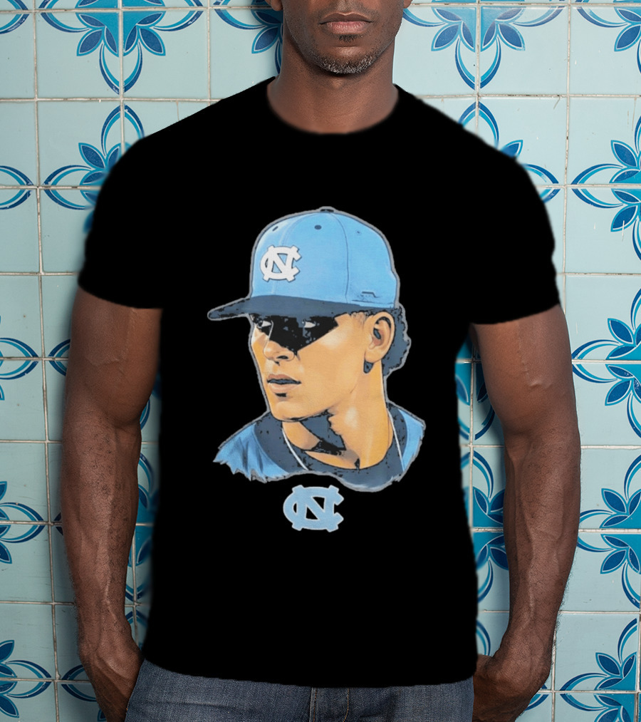 UNC Tar Heels Baseball Portrait Comic Style Navy Blue Cap T-Shirt