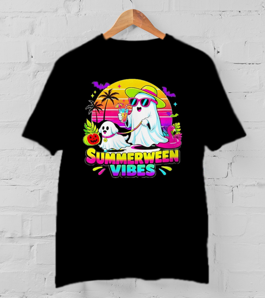 Summerween Vibes Ghost Walking Dog Retro Sunset Tropical Beach Party T-Shirt