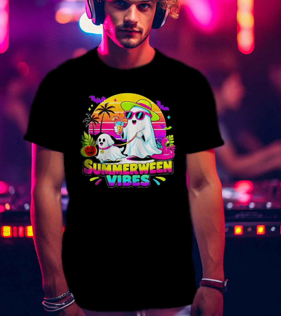 Summerween Vibes Ghost Walking Dog Retro Sunset Tropical Beach Party T-Shirt