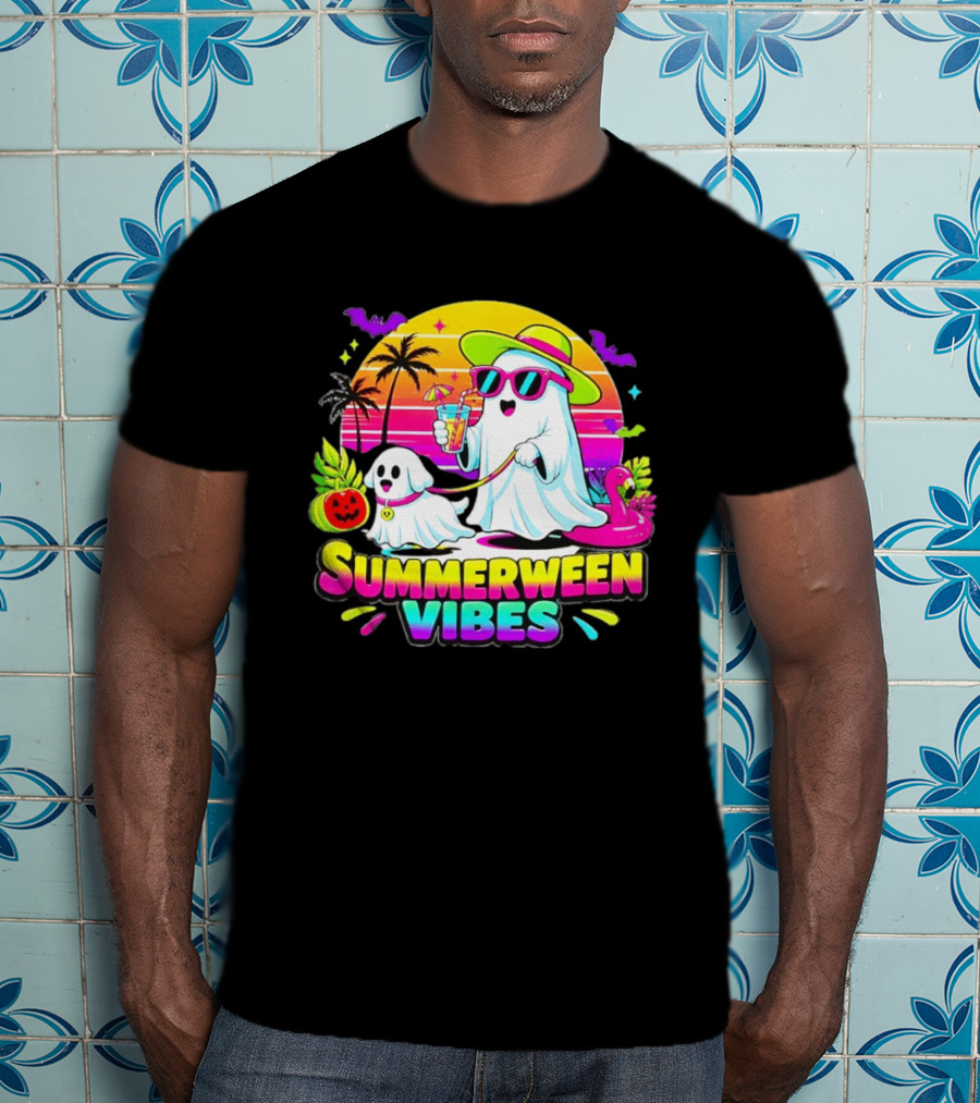 Summerween Vibes Ghost Walking Dog Retro Sunset Tropical Beach Party T-Shirt