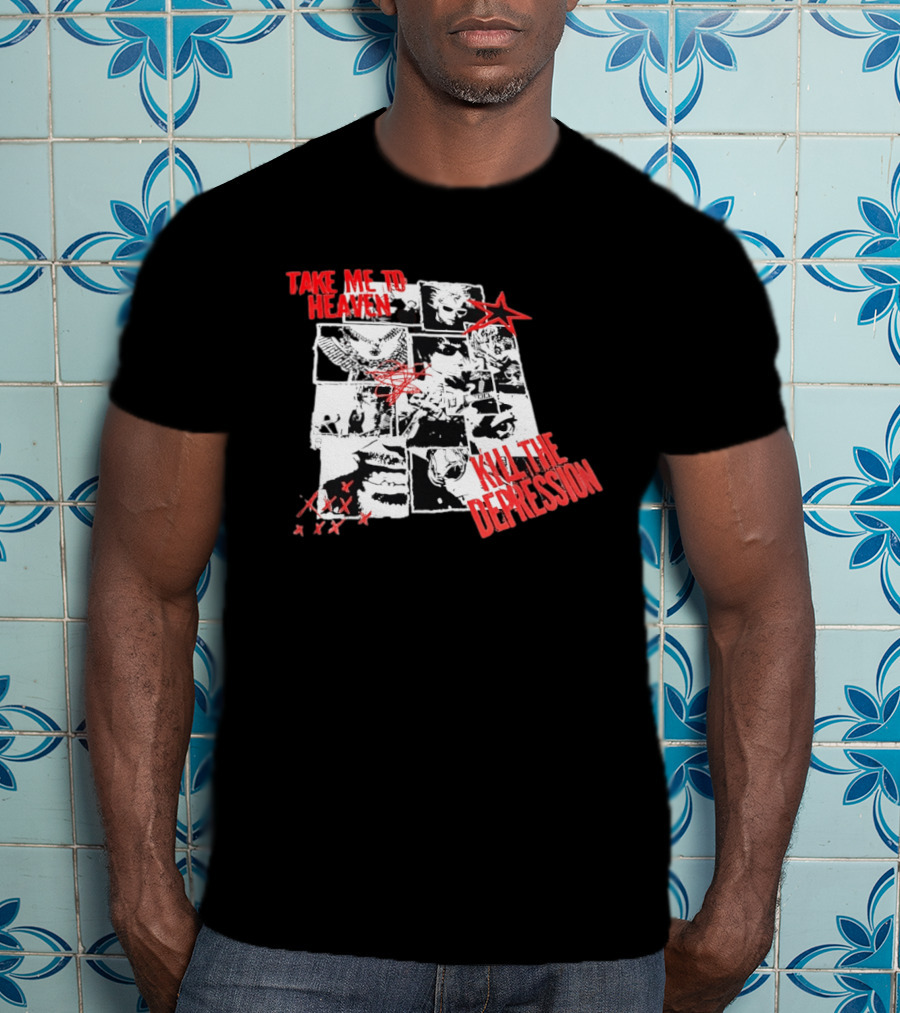 Take Me To Heaven Kill The Depression Kurt Cobain Nirvana Punk Rock Concert Collage T-Shirt