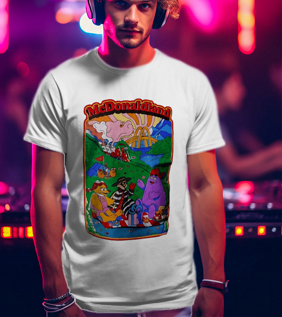 McDonaldland Hamburglar Grimace Birdie Picnic Train Scene T-Shirt
