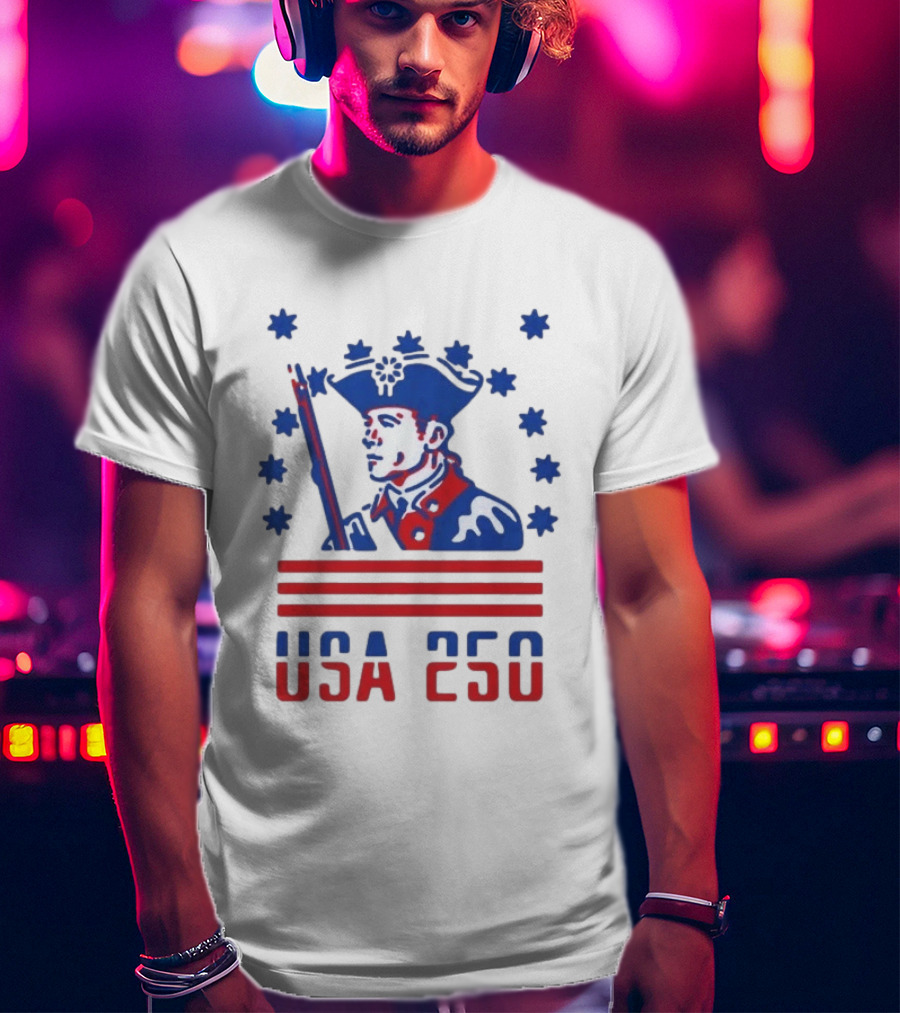USA 250 Patriot America 250th Anniversary Revolutionary Soldier Stars Stripes T-Shirt