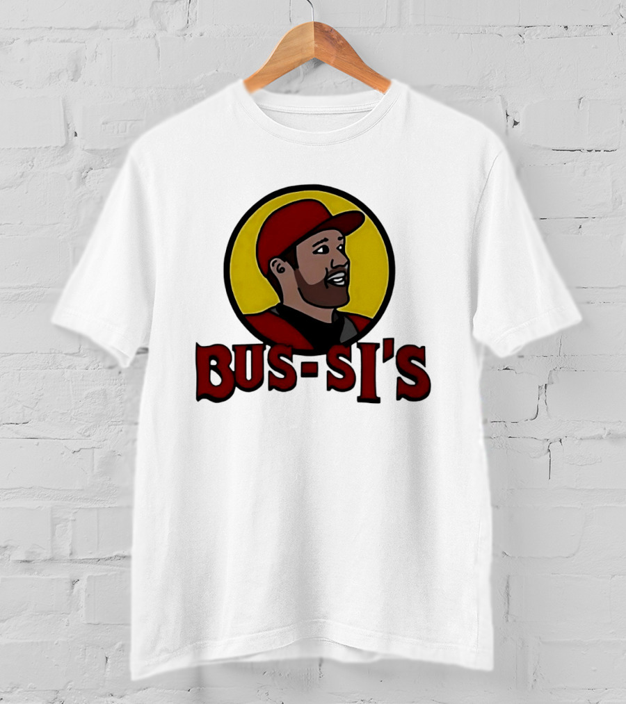 Bus Si's Baseball Player Cartoon Logo Design White T-Shirt