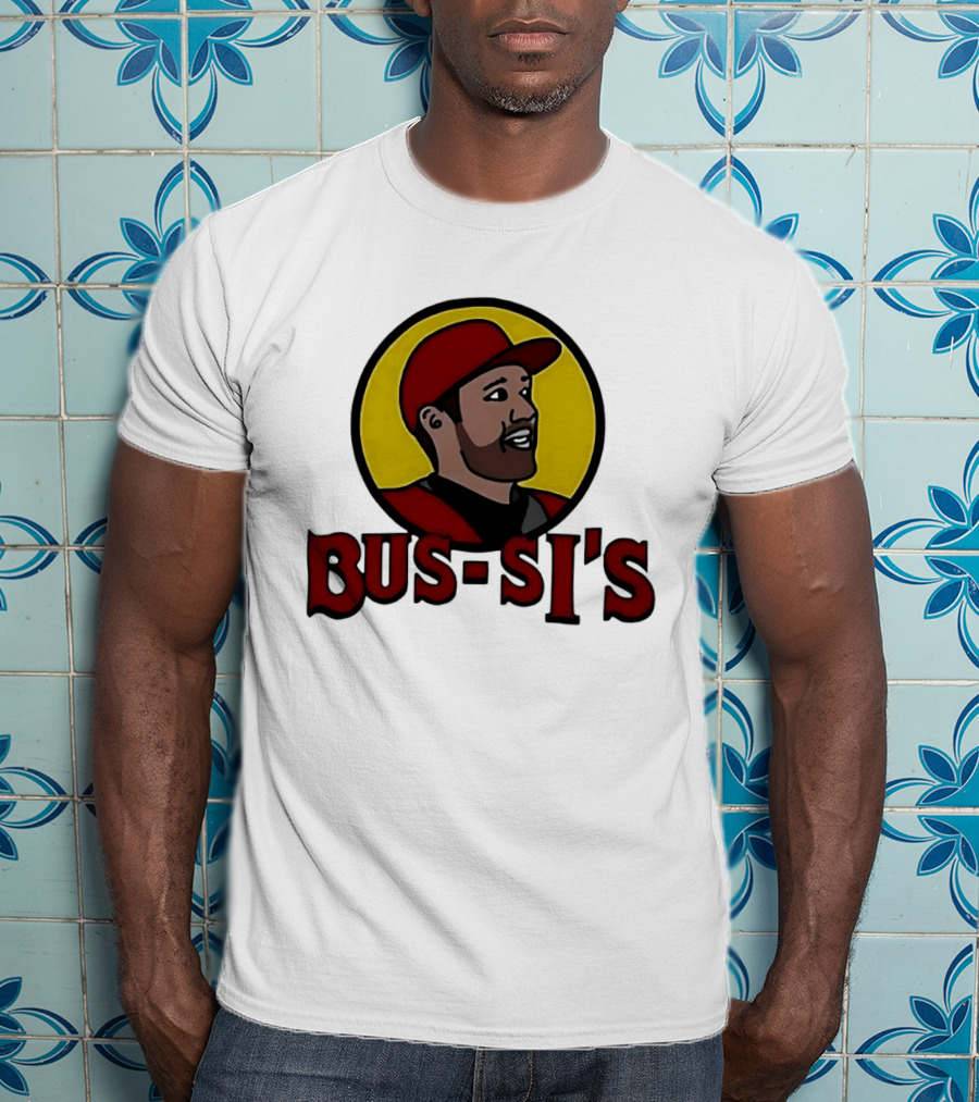 Bus Si's Baseball Player Cartoon Logo Design White T-Shirt