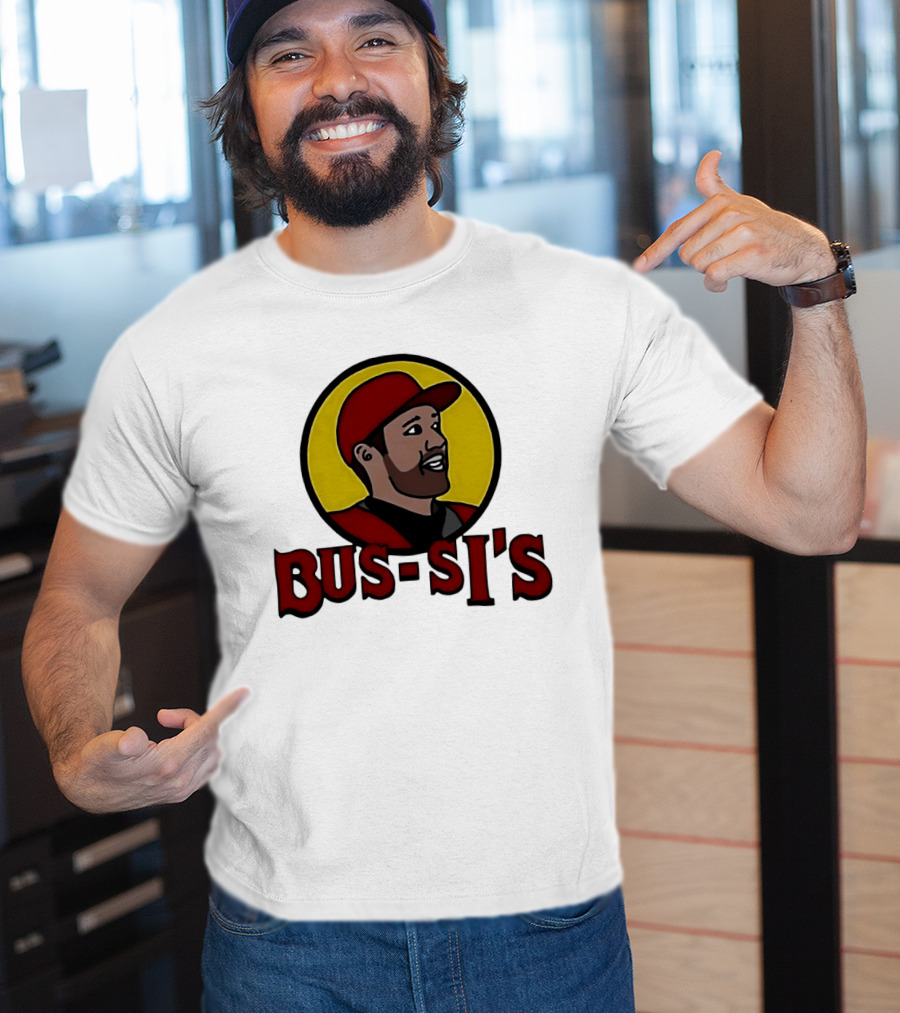 Bus Si's Baseball Player Cartoon Logo Design White T-Shirt