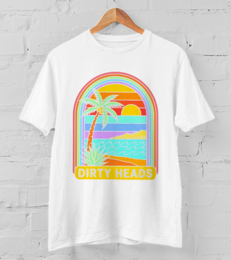 Dirty Heads Tropical Beach Palm Tree Rainbow Arch Sunset T-Shirt