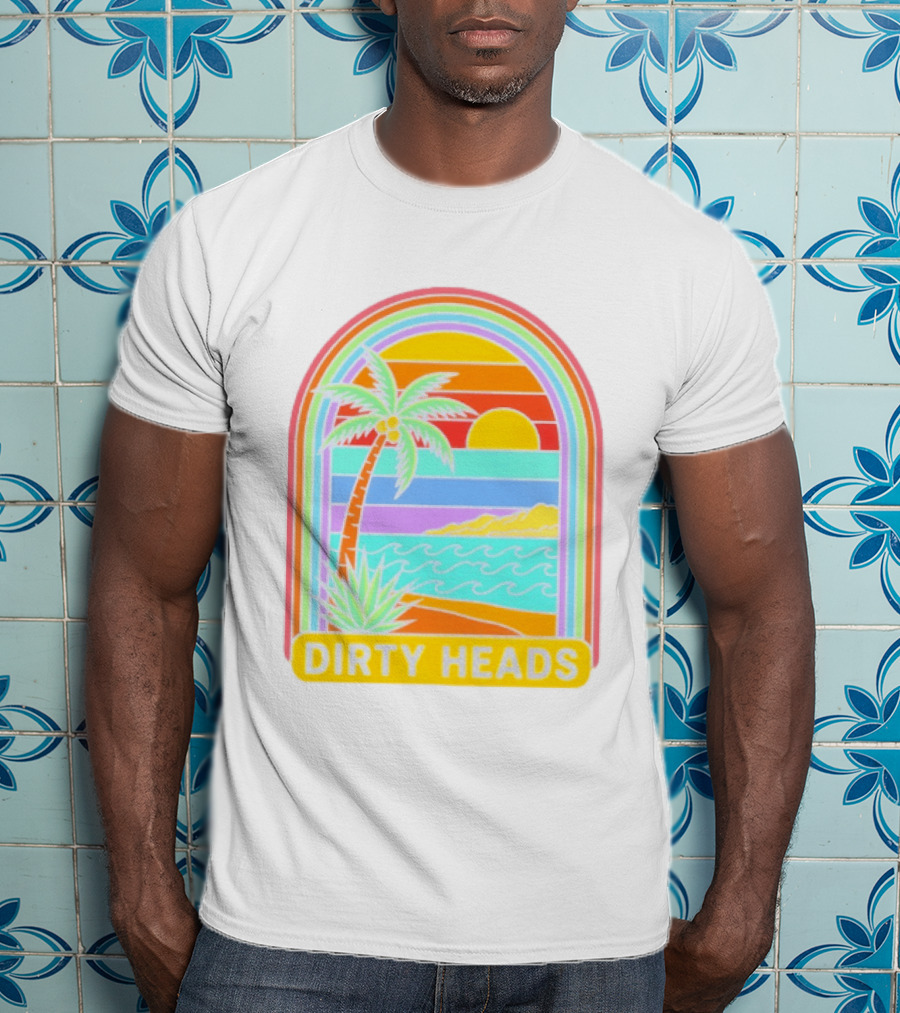Dirty Heads Tropical Beach Palm Tree Rainbow Arch Sunset T-Shirt