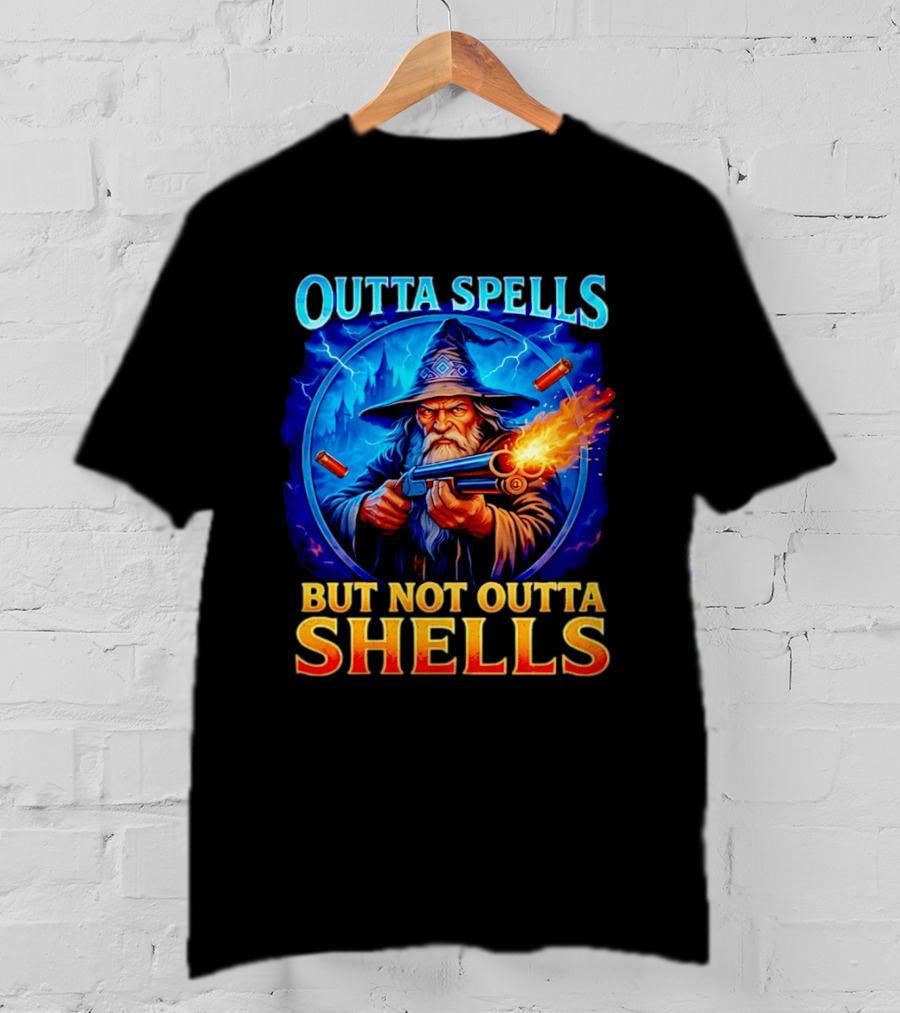 Outta Spells But Not Outta Shells Wizard With Gun Fantasy Humor T-Shirt