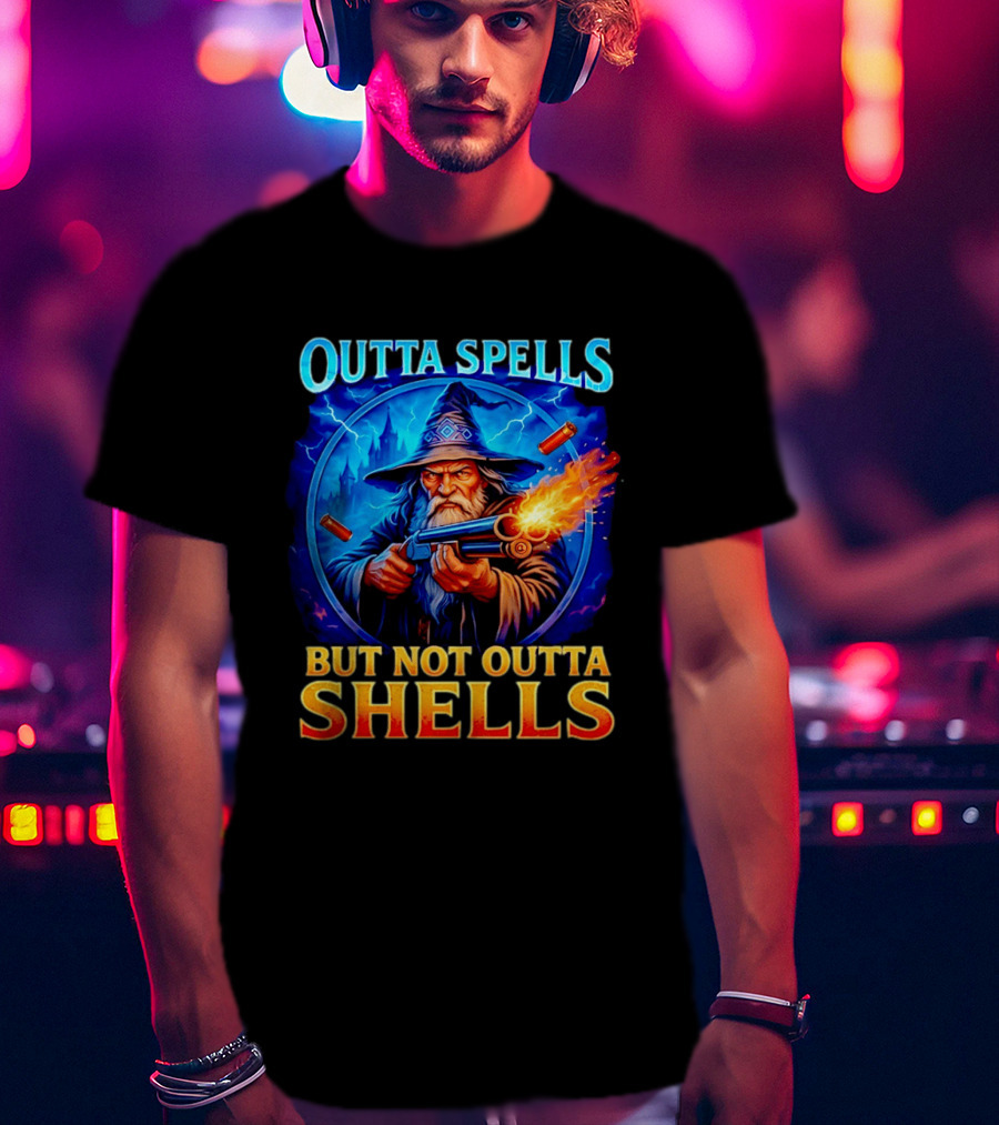 Outta Spells But Not Outta Shells Wizard With Gun Fantasy Humor T-Shirt