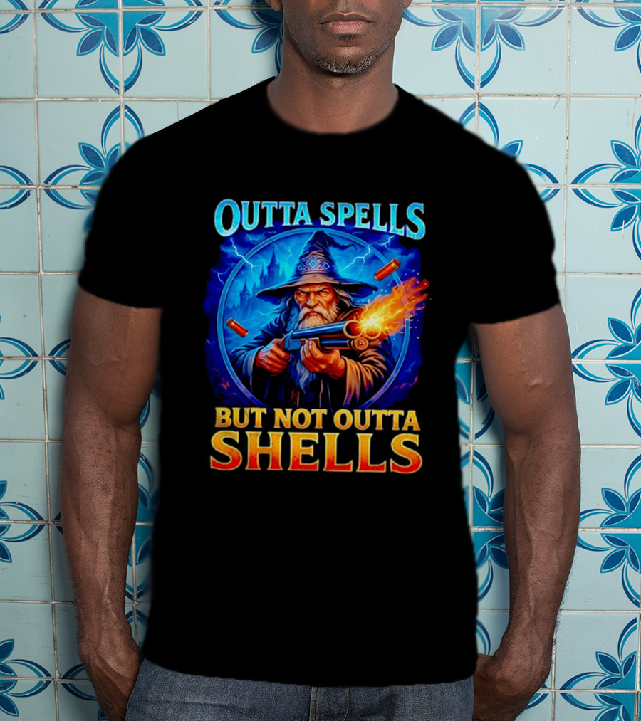Outta Spells But Not Outta Shells Wizard With Gun Fantasy Humor T-Shirt