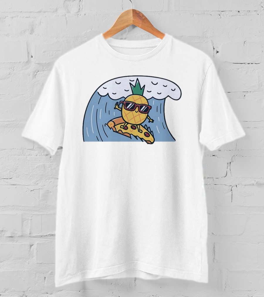 Pineapple Surfing On Pizza Slice Ocean Wave With Sunglasses Cartoon T-Shirt