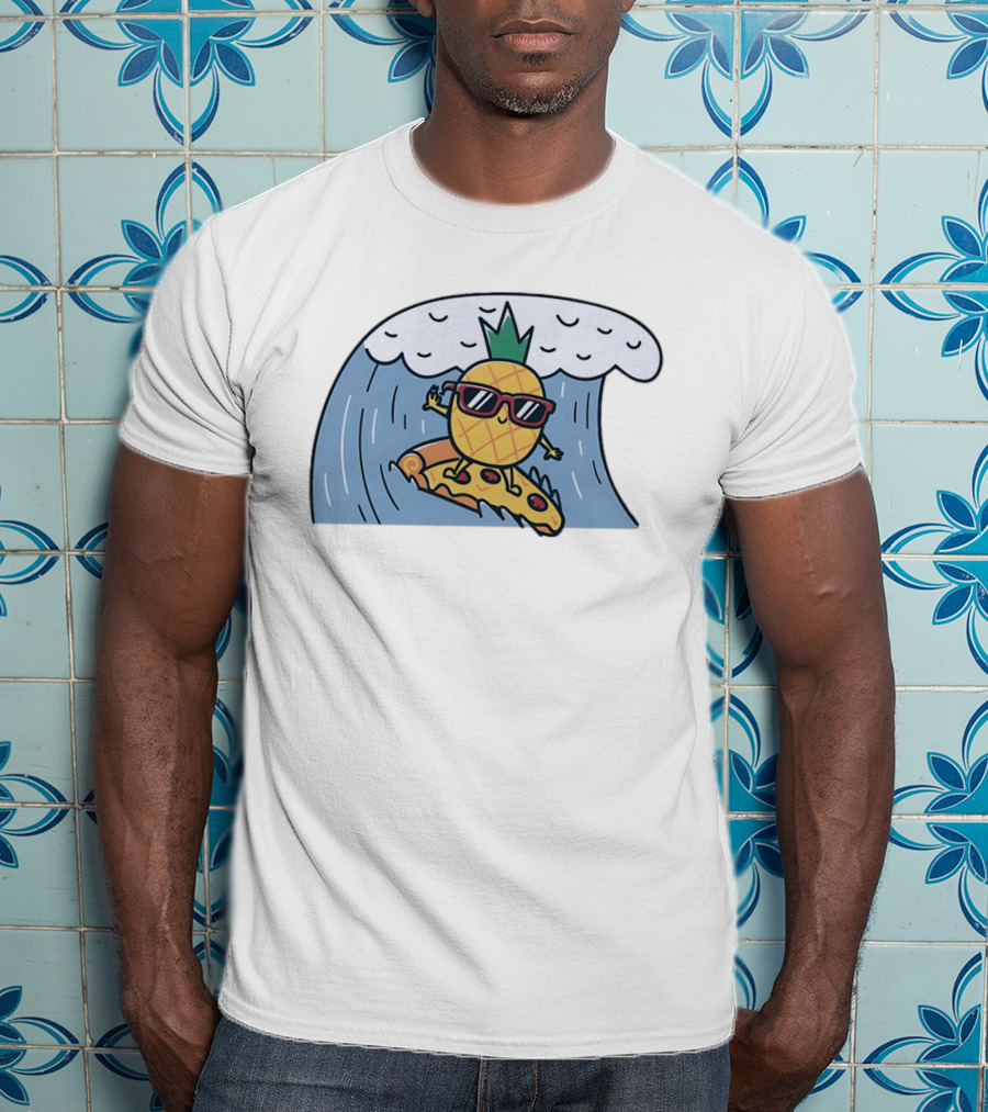 Pineapple Surfing On Pizza Slice Ocean Wave With Sunglasses Cartoon T-Shirt