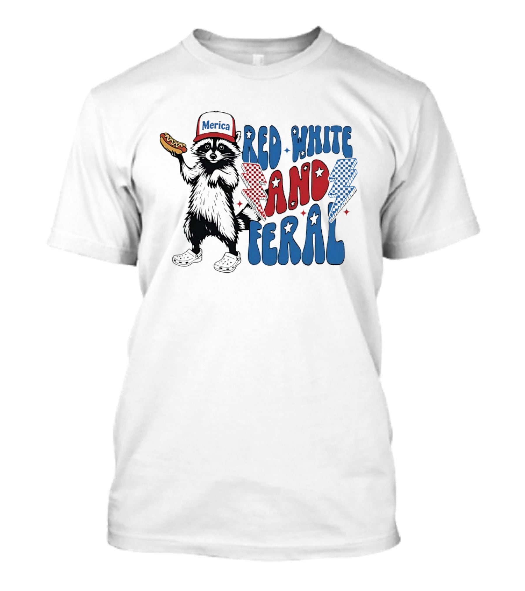 Red White And Feral Raccoon Hotdog Merica Cap Lightning Bolts Patriotic T-Shirt