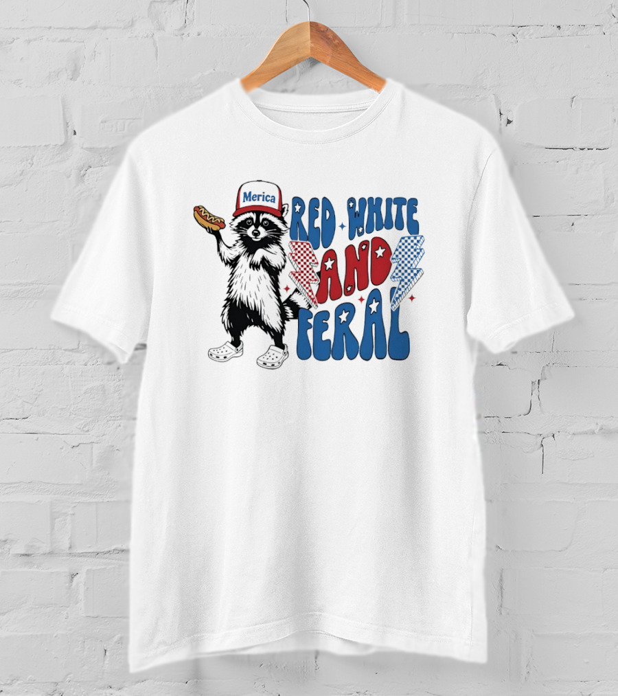 Red White And Feral Raccoon Hotdog Merica Cap Lightning Bolts Patriotic T-Shirt