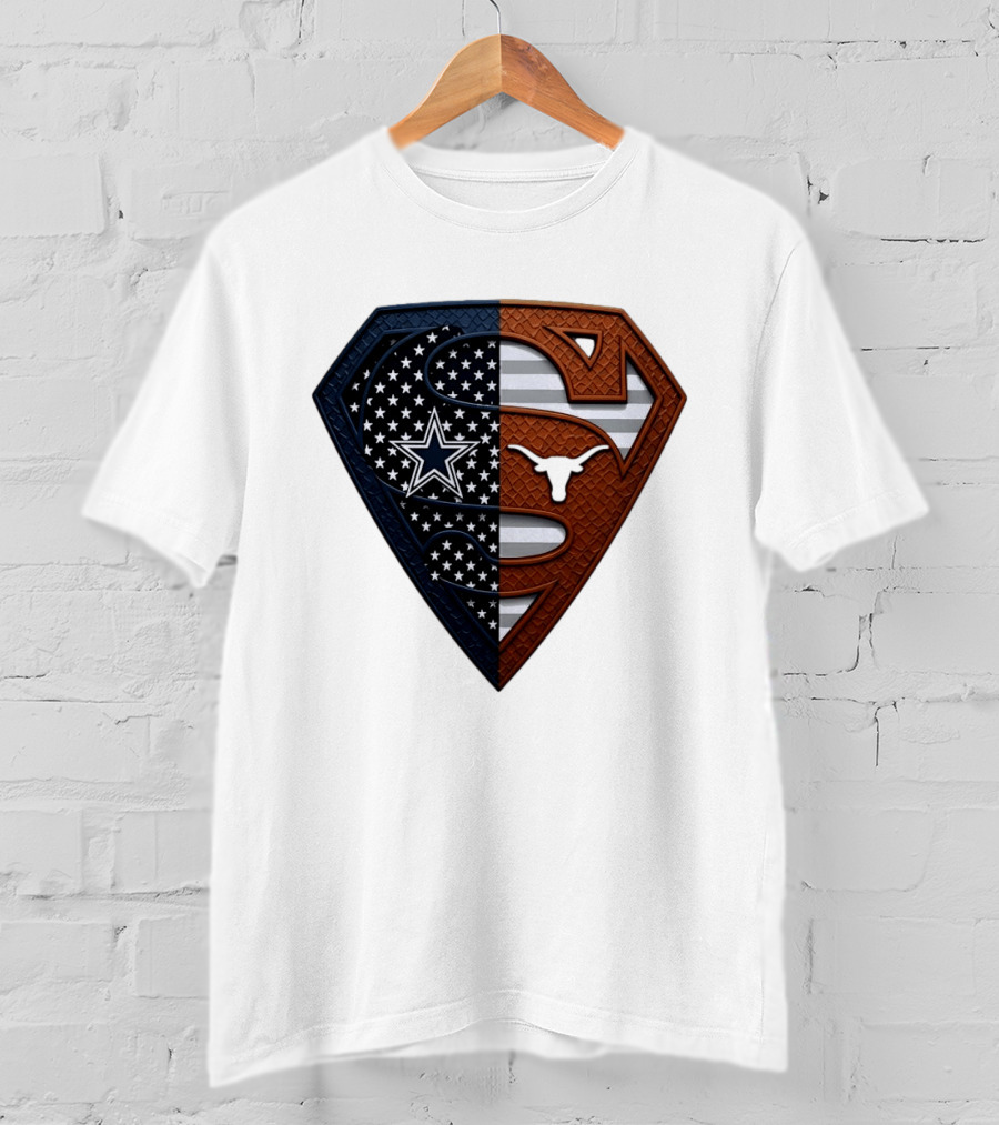 Dallas Cowboys Texas Longhorns Superman Shield Split Dual Icon Emblems T-Shirt
