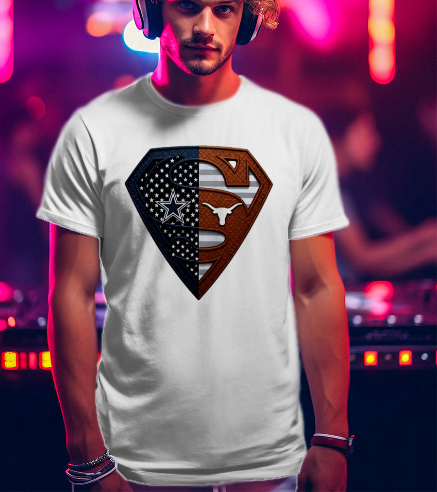 Dallas Cowboys Texas Longhorns Superman Shield Split Dual Icon Emblems T-Shirt