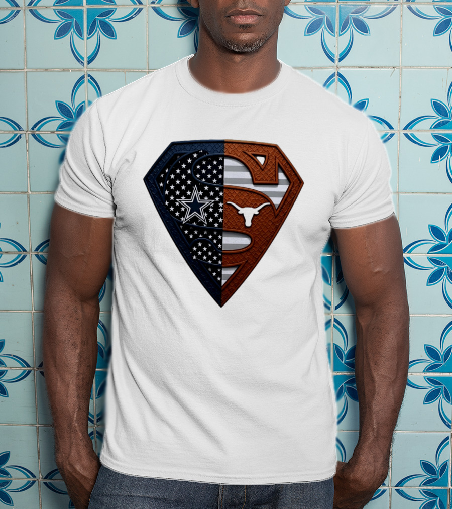 Dallas Cowboys Texas Longhorns Superman Shield Split Dual Icon Emblems T-Shirt
